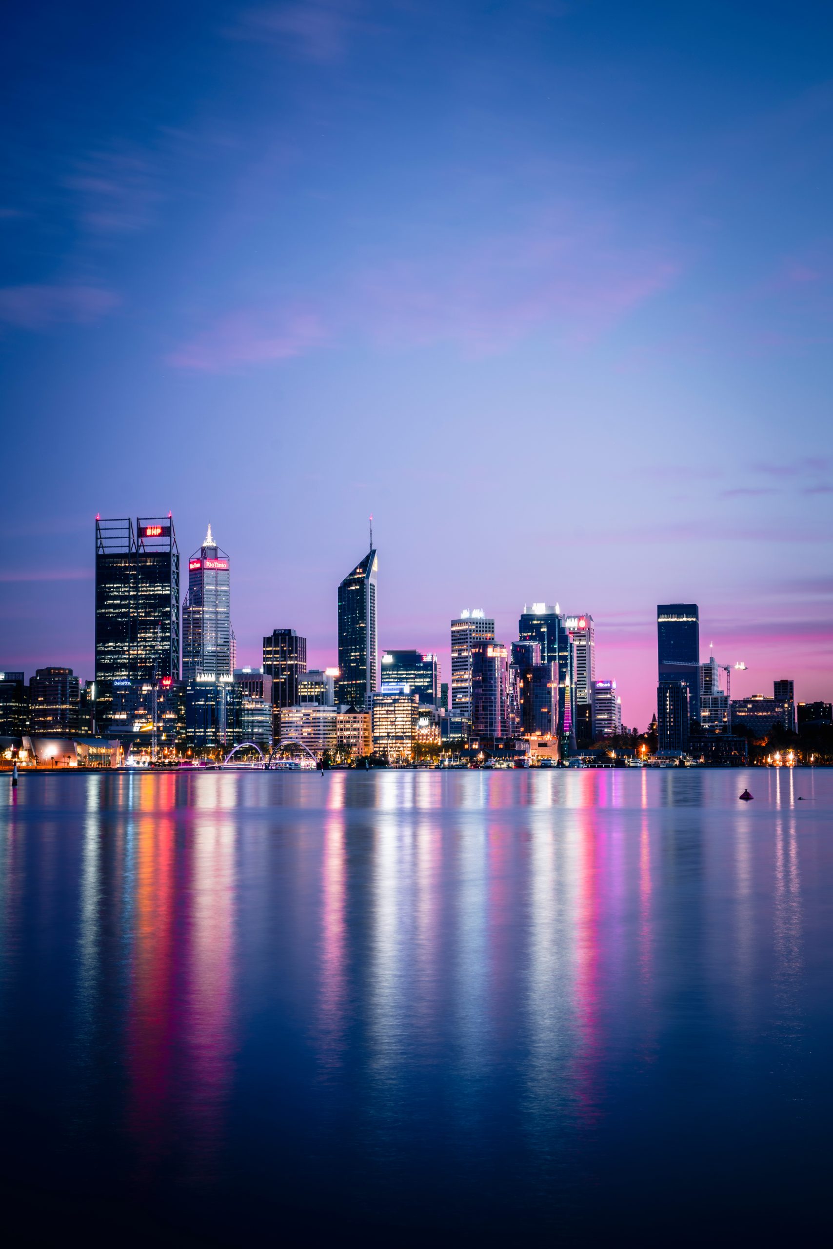 Perth city skyline purple twilight reflection
